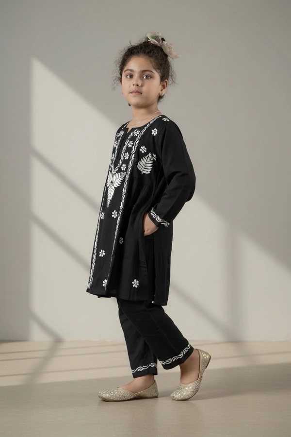 Little Jasmin - Black Chikankari Side Pleated Kidswear Set - 26, Black