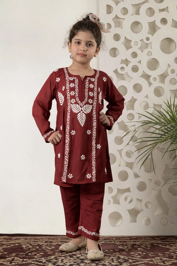 Little Jasmin - Maroon Chikankari Side Pleated Kidswear Set - 18, Maroon