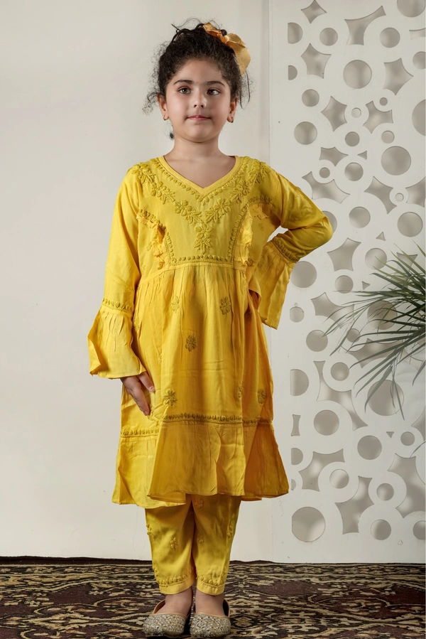 Little Fariya - Mustard Chikankari Frill Style Frock Kidswear Set - 22, Yellow