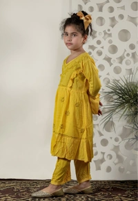Little Fariya - Mustard Chikankari Frill Style Frock Kidswear Set - 22, Yellow