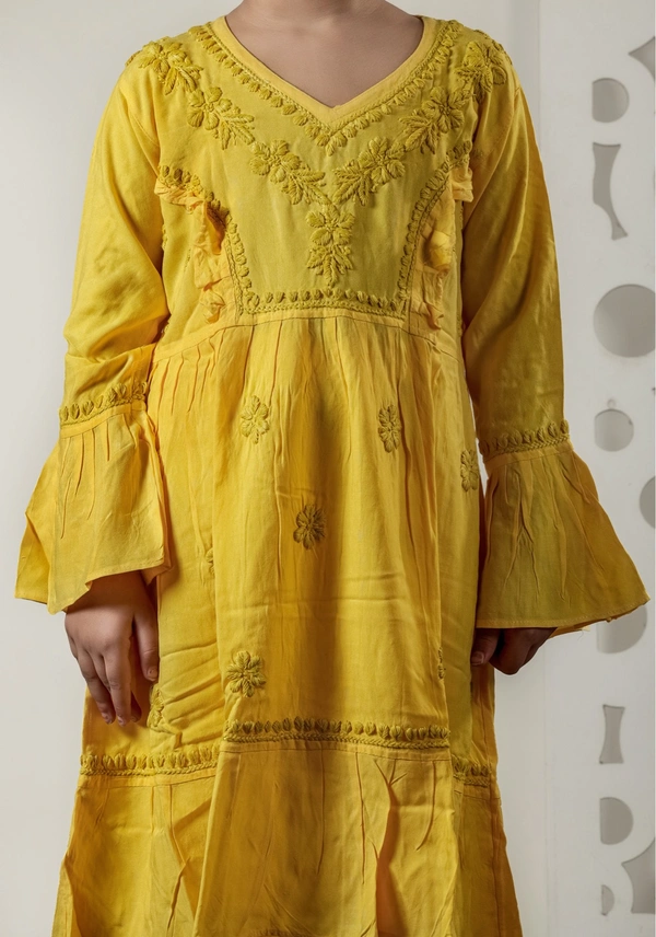 Little Fariya - Mustard Chikankari Frill Style Frock Kidswear Set - 22, Yellow