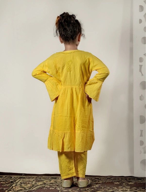 Little Fariya - Mustard Chikankari Frill Style Frock Kidswear Set - 32, Yellow