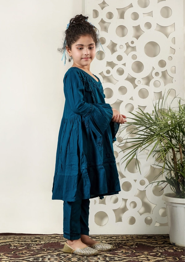 Little Fariya - Dark Blue Chikankari Frill Style Frock Kidswear Set - 26, Dark Blue