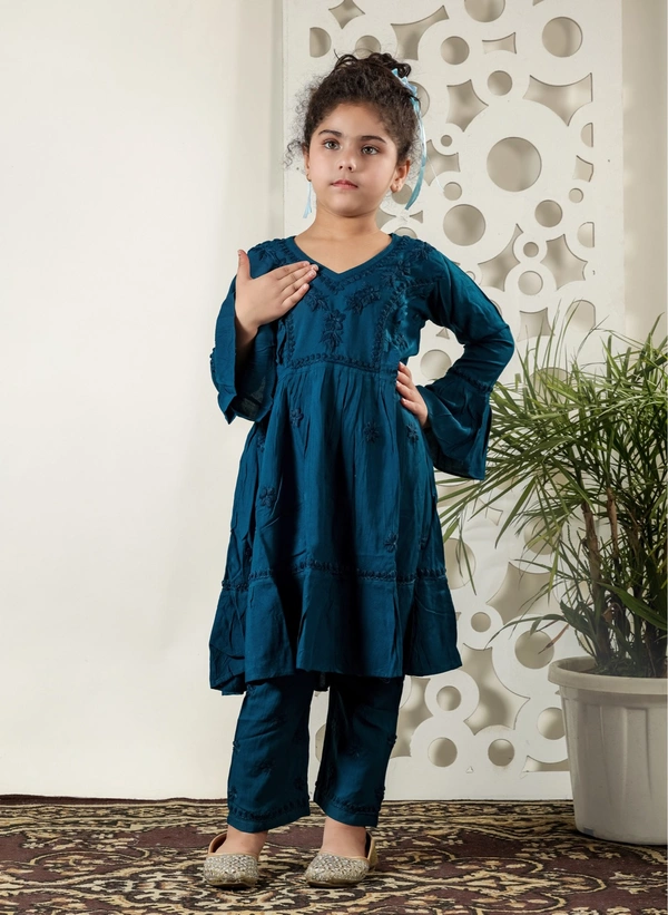 Little Fariya - Dark Blue Chikankari Frill Style Frock Kidswear Set - 30, Dark Blue