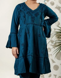 Little Fariya - Dark Blue Chikankari Frill Style Frock Kidswear Set - 30, Dark Blue