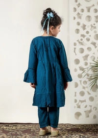 Little Fariya - Dark Blue Chikankari Frill Style Frock Kidswear Set - 30, Dark Blue