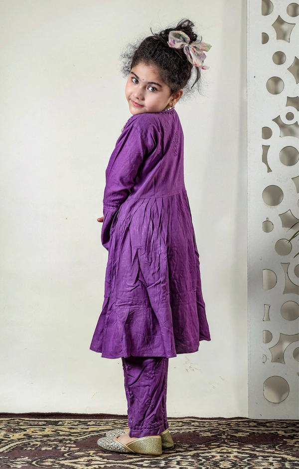Little Fariya - Dark Purple Chikankari Frill Style Frock Kidswear Set - 16, Dark Purple