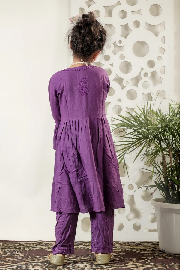 Little Fariya - Dark Purple Chikankari Frill Style Frock Kidswear Set - 16, Dark Purple