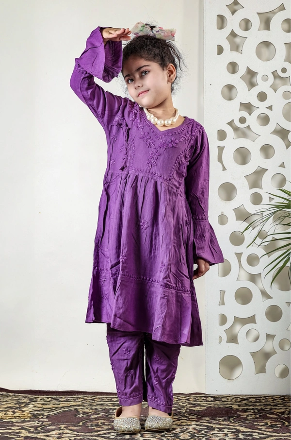 Little Fariya - Dark Purple Chikankari Frill Style Frock Kidswear Set - 22, Dark Purple