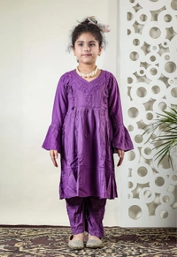 Little Fariya - Dark Purple Chikankari Frill Style Frock Kidswear Set - 32, Dark Purple