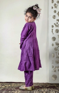 Little Fariya - Dark Purple Chikankari Frill Style Frock Kidswear Set - 36, Dark Purple