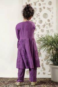 Little Fariya - Dark Purple Chikankari Frill Style Frock Kidswear Set - 36, Dark Purple