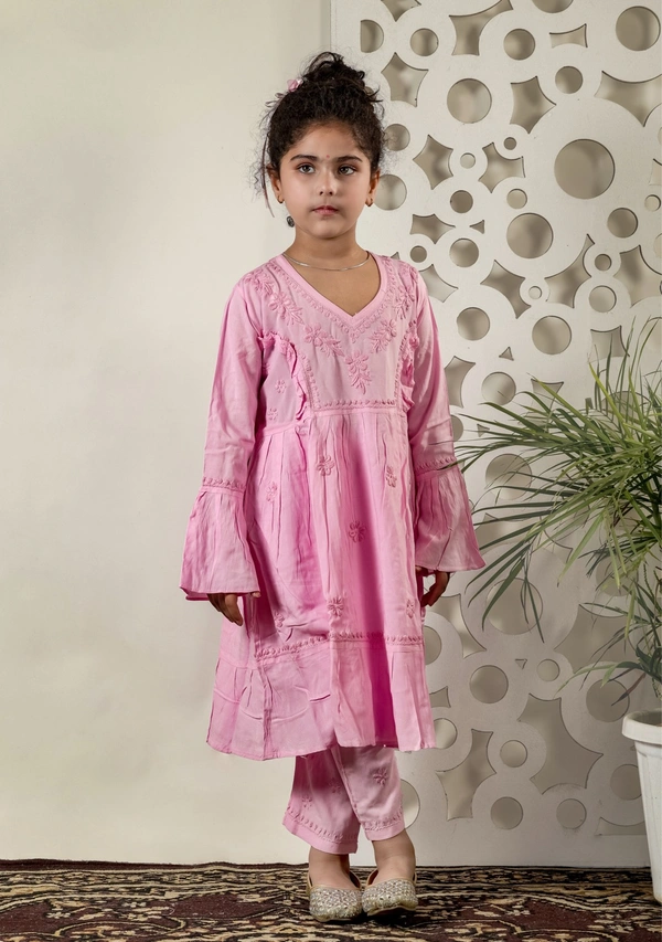 Little Fariya - Pink Chikankari Frill Style Frock Kidswear Set - 22, Pink