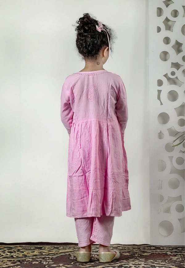 Little Fariya - Pink Chikankari Frill Style Frock Kidswear Set - 26, Pink