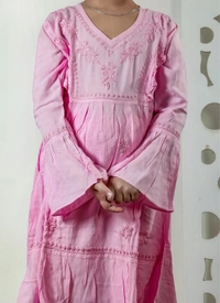 Little Fariya - Pink Chikankari Frill Style Frock Kidswear Set - 34, Pink