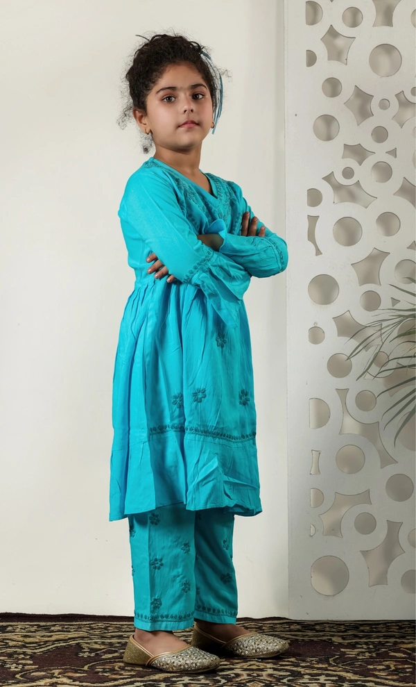 Little Fariya - Firoza Chikankari Frill Style Frock Kidswear Set      