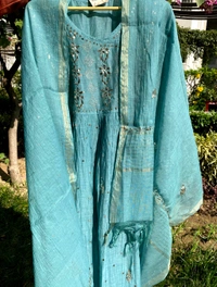 Roohani – Firozi Handcrafted Mukaish Gown Set - Semi Stiched - Semi Stiched, Firozi
