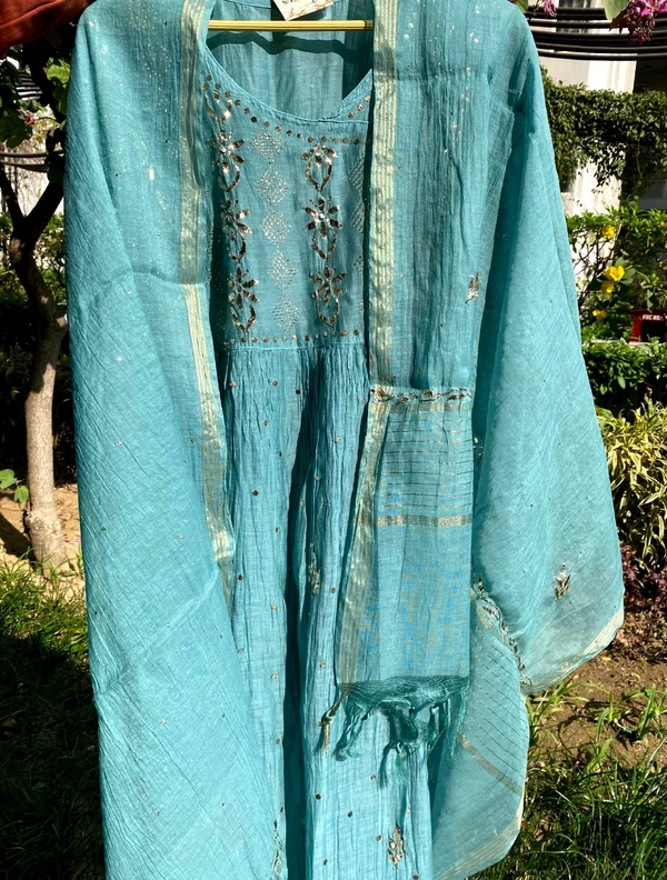Roohani – Firozi Handcrafted Mukaish Gown Set - Semi Stiched - Semi Stiched, Firozi