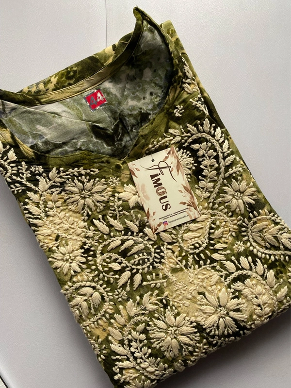 Anaya Chikankari Reyon Goldprint Long Kurti - XL(42), Mehndi