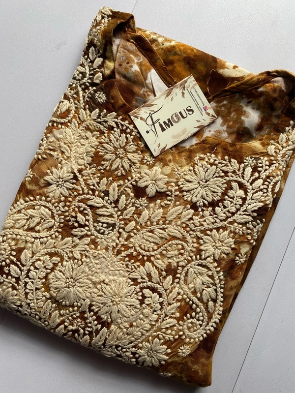 Anaya Chikankari Reyon Goldprint Long Kurti - XL(42), Mustard