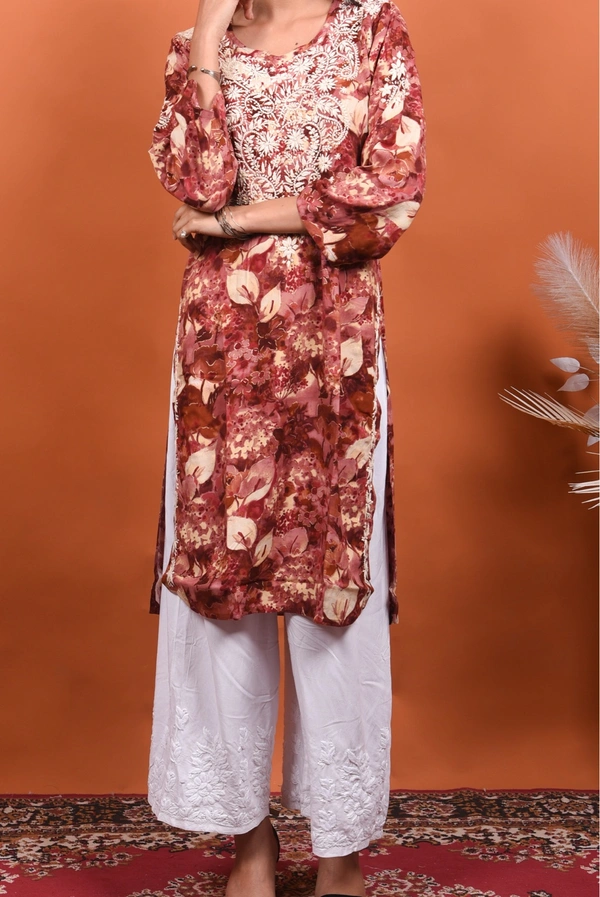 Anaya Chikankari Reyon Goldprint Long Kurti - XL(42), Rusty Pink