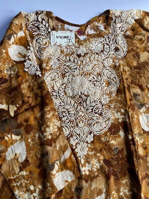 Anaya Chikankari Reyon Goldprint Long Kurti - 2XL(44), Mustard
