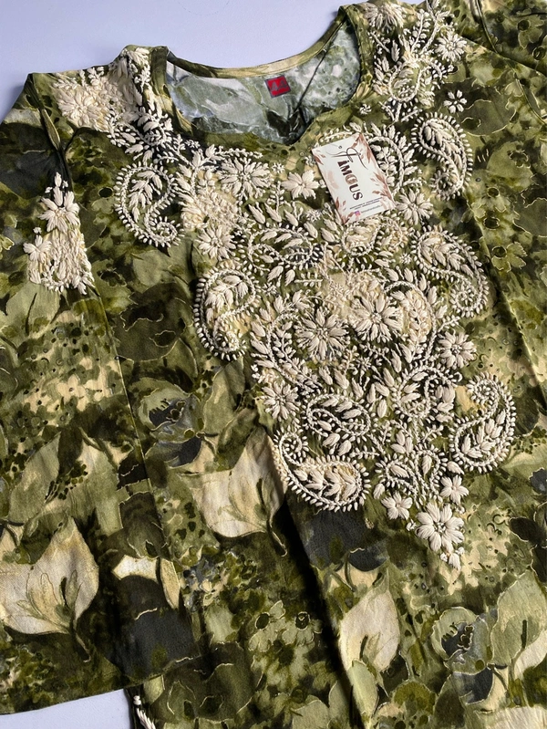 Anaya Chikankari Reyon Goldprint Long Kurti - 3XL(46), Mehndi