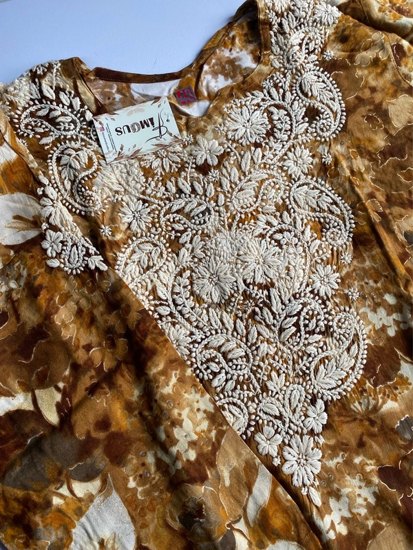 Anaya Chikankari Reyon Goldprint Long Kurti - 3XL(46), Mustard