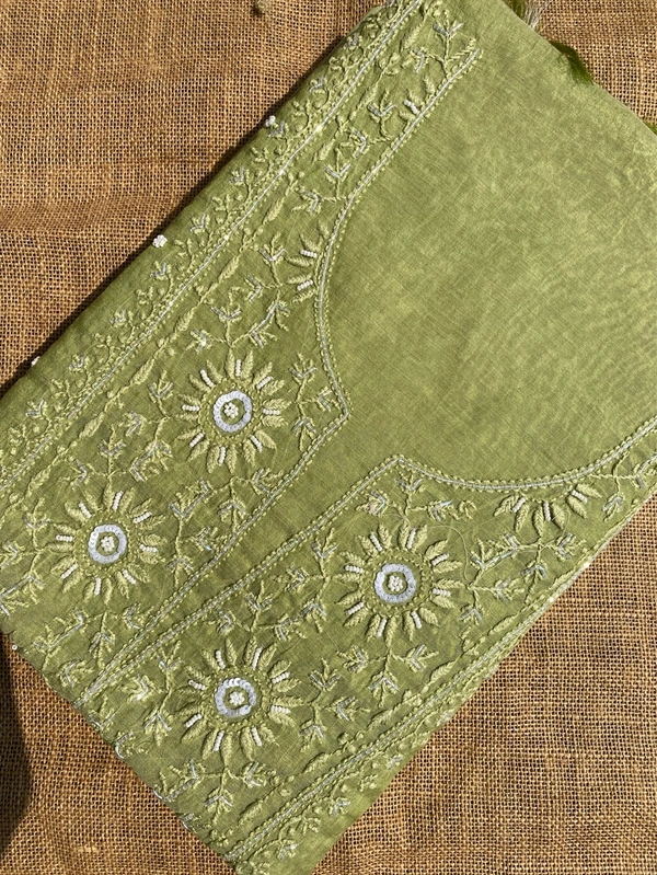 Pista Green Mul Chanderi Chikankari Unstiched Dress Material - Pista Green