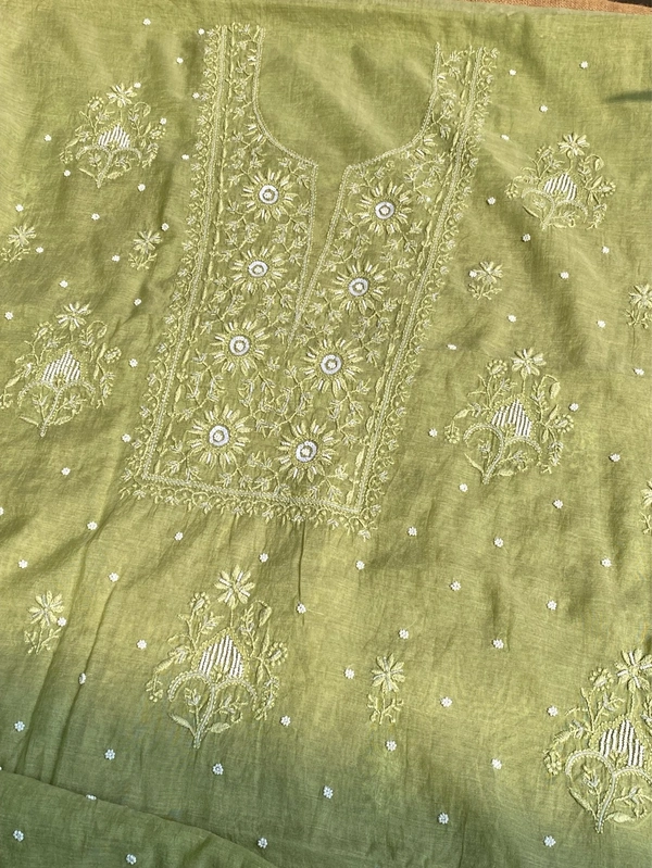 Pista Green Mul Chanderi Chikankari Unstiched Dress Material - Pista Green