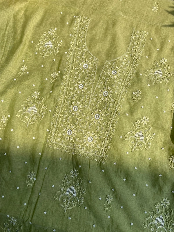 Pista Green Mul Chanderi Chikankari Unstiched Dress Material - Pista Green