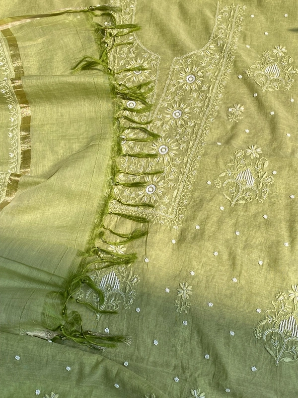 Pista Green Mul Chanderi Chikankari Unstiched Dress Material - Pista Green
