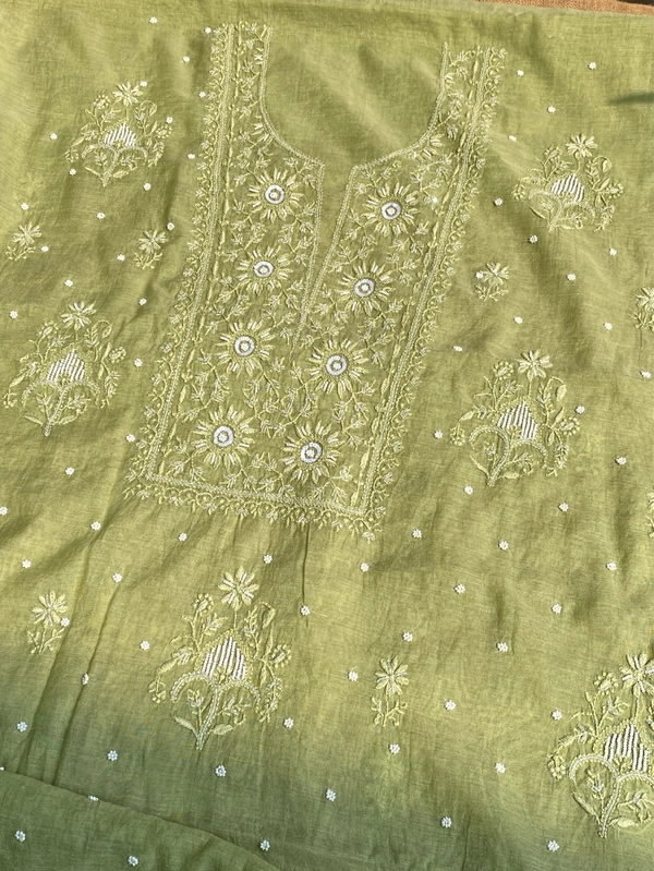 Pista Green Mul Chanderi Chikankari Unstiched Dress Material - Pista Green