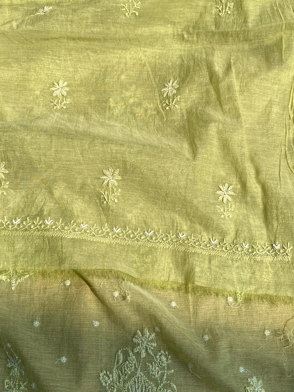 Pista Green Mul Chanderi Chikankari Unstiched Dress Material - Pista Green