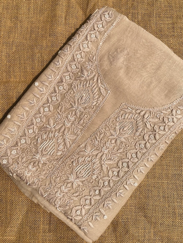 Beige Mul Chanderi Chikankari Unstiched Dress Material - Beige