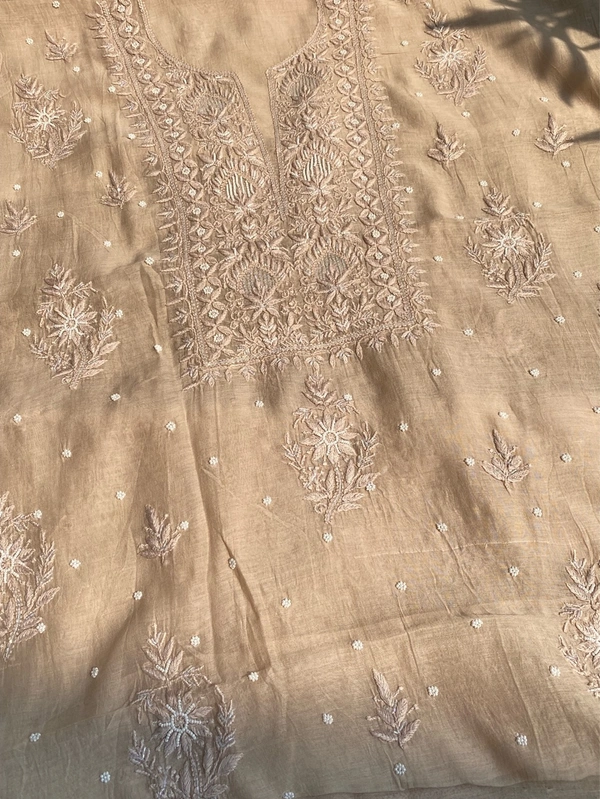 Beige Mul Chanderi Chikankari Unstiched Dress Material - Beige