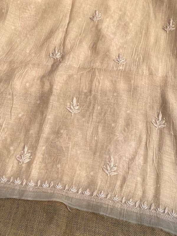 Beige Mul Chanderi Chikankari Unstiched Dress Material - Beige