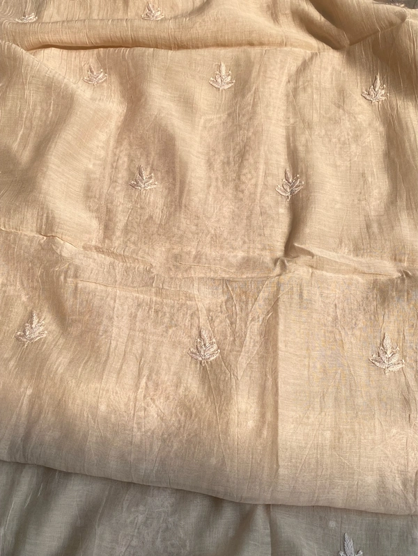 Beige Mul Chanderi Chikankari Unstiched Dress Material - Beige