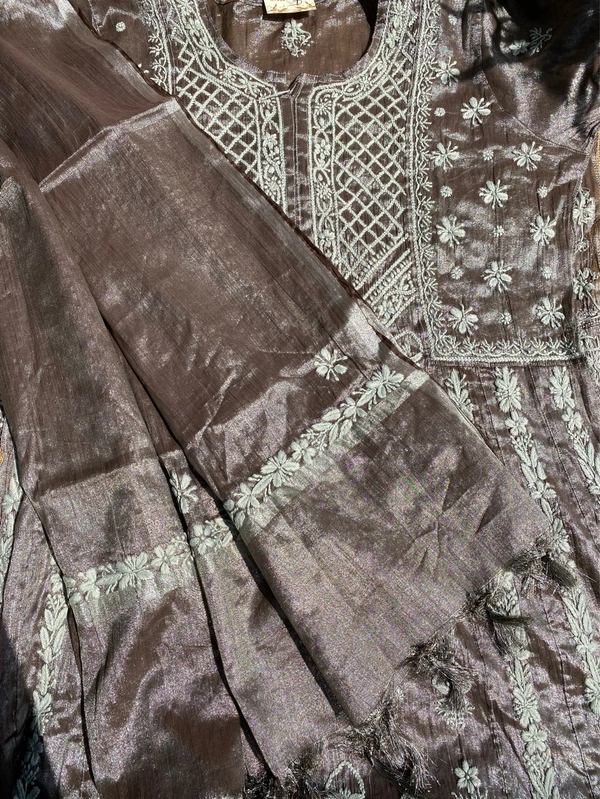 Metallic Coffee Brown Chikankari Tissue Gown Set