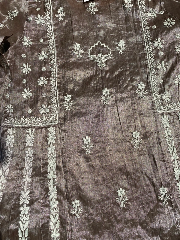 Metallic Coffee Brown Chikankari Tissue Gown Set