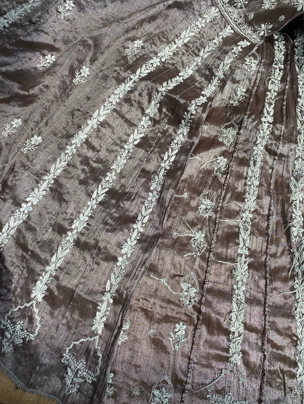 Metallic Coffee Brown Chikankari Tissue Gown Set