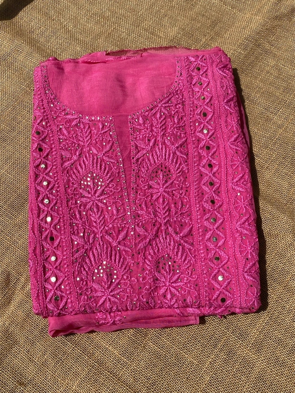 Rani Pink Chikankari Mukaish Unstiched Dress - Rani Pink