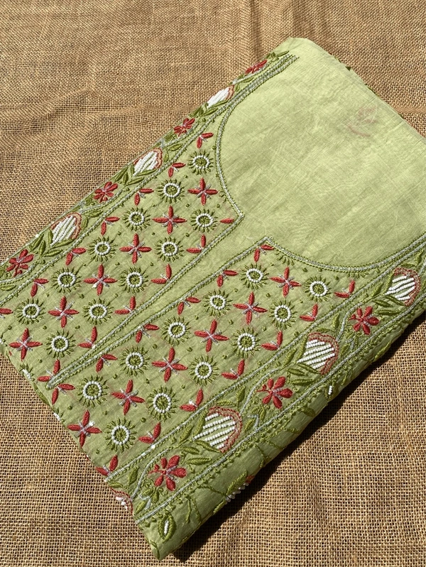 Pista Green Chikankari Jaal Work Unstiched Kurta Dupatta Set  