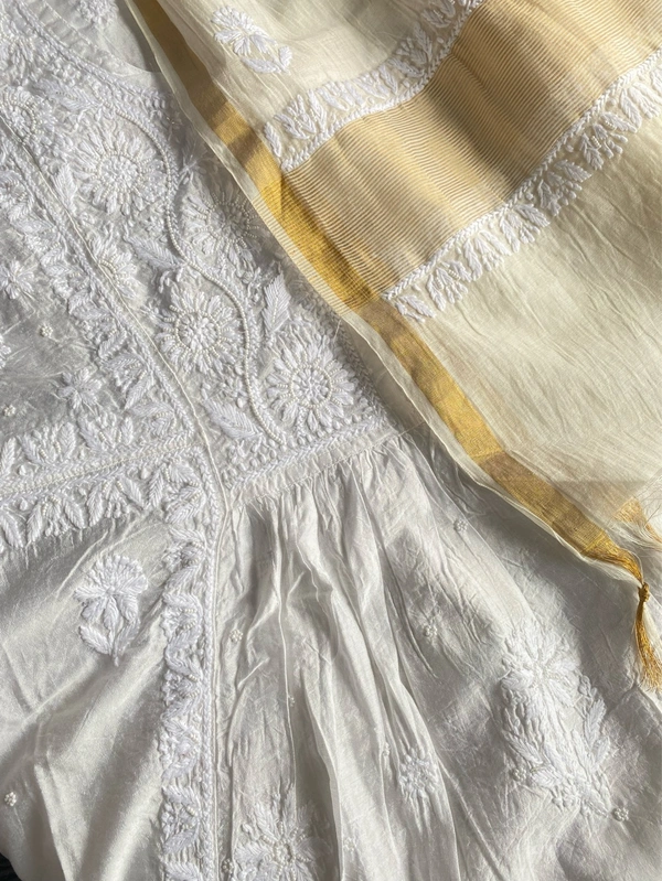 Off White Chikankari Semi-Stitched Gown With Dupatta