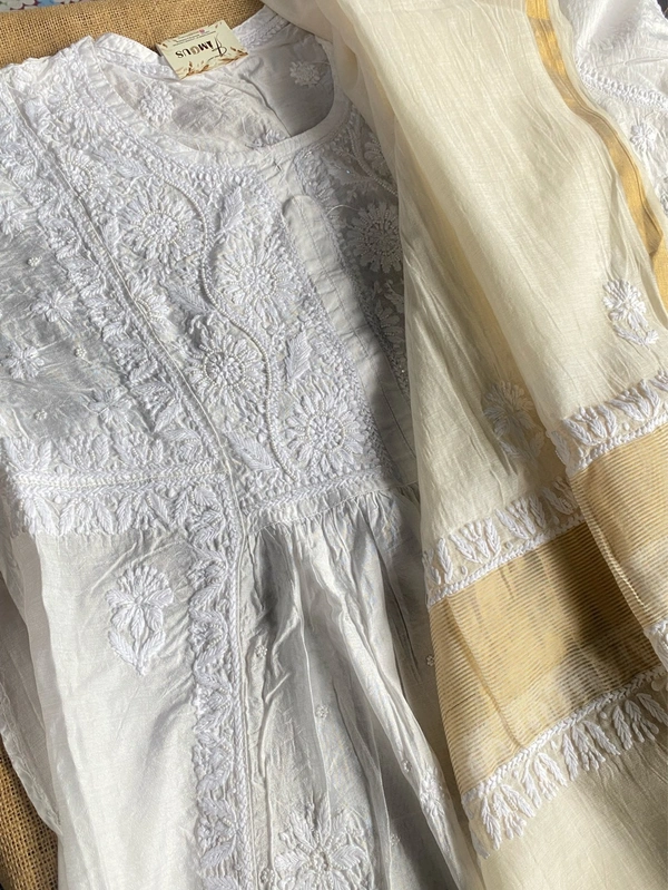 Off White Chikankari Semi-Stitched Gown With Dupatta