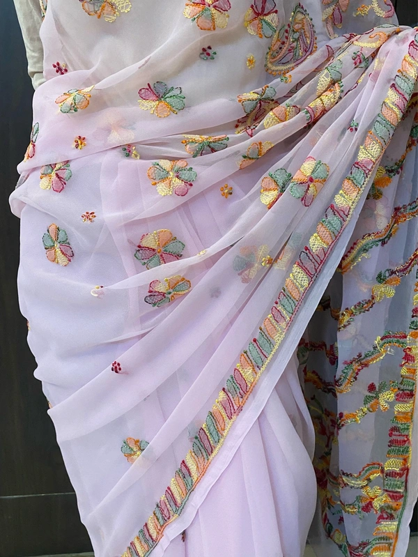 Pink Chikankari Multi Embroidered Saree - Pink