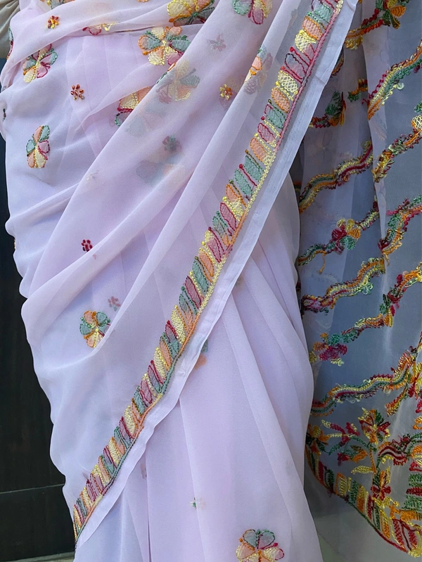 Pink Chikankari Multi Embroidered Saree - Pink