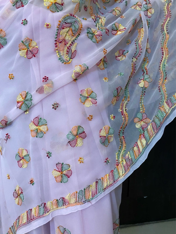 Pink Chikankari Multi Embroidered Saree - Pink