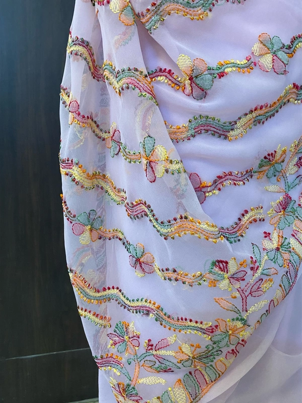Pink Chikankari Multi Embroidered Saree - Pink