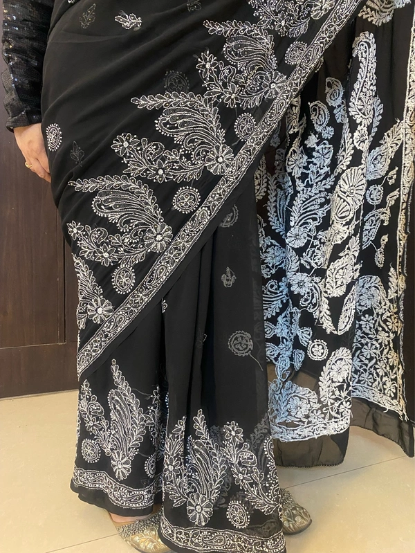 Black Chikankari Mukaish Embroidered Saree - Black